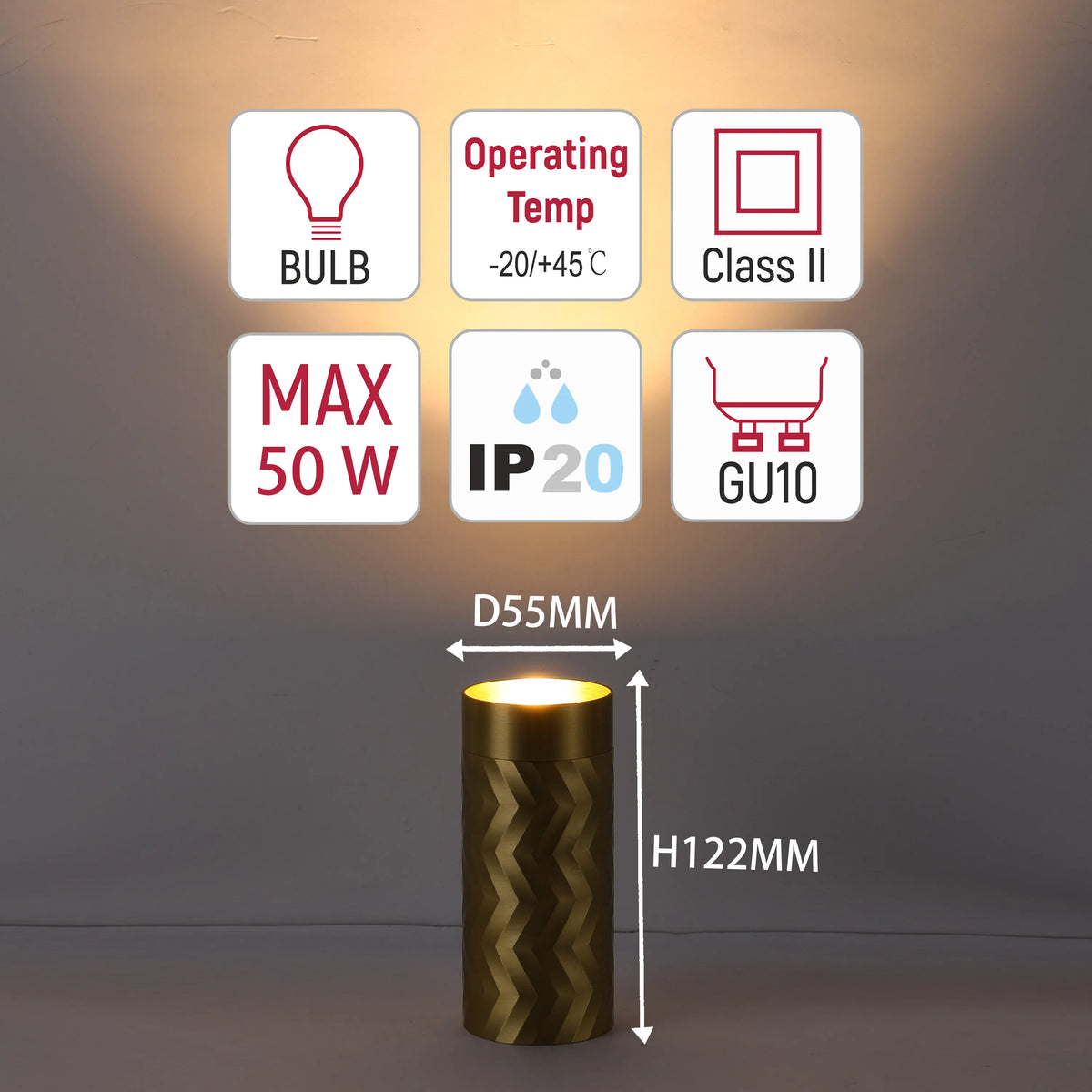 A lamp with technical information: max 50W, GU10 bulb, IP20, Class II, -20/+45C operating temp, D55MM & H122MM dimensions.