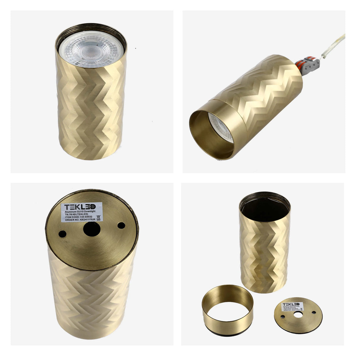 A selection of gold textured, GU10 downlights, disassembled to showcase design and components.