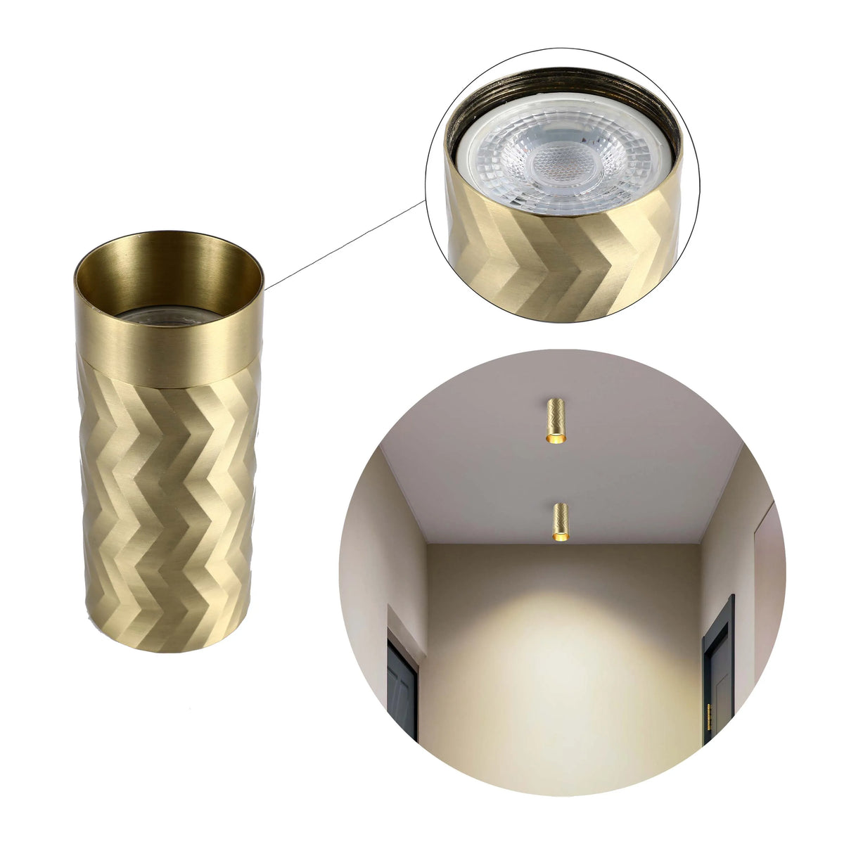 Modern, gold-toned spotlights, cylindrical with a textured design, illuminating a hallway with a warm glow. Contemporary lighting.