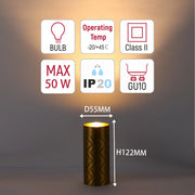 Product information showcasing bulb type, max wattage, operating temperatures, IP rating, class, and dimensions.