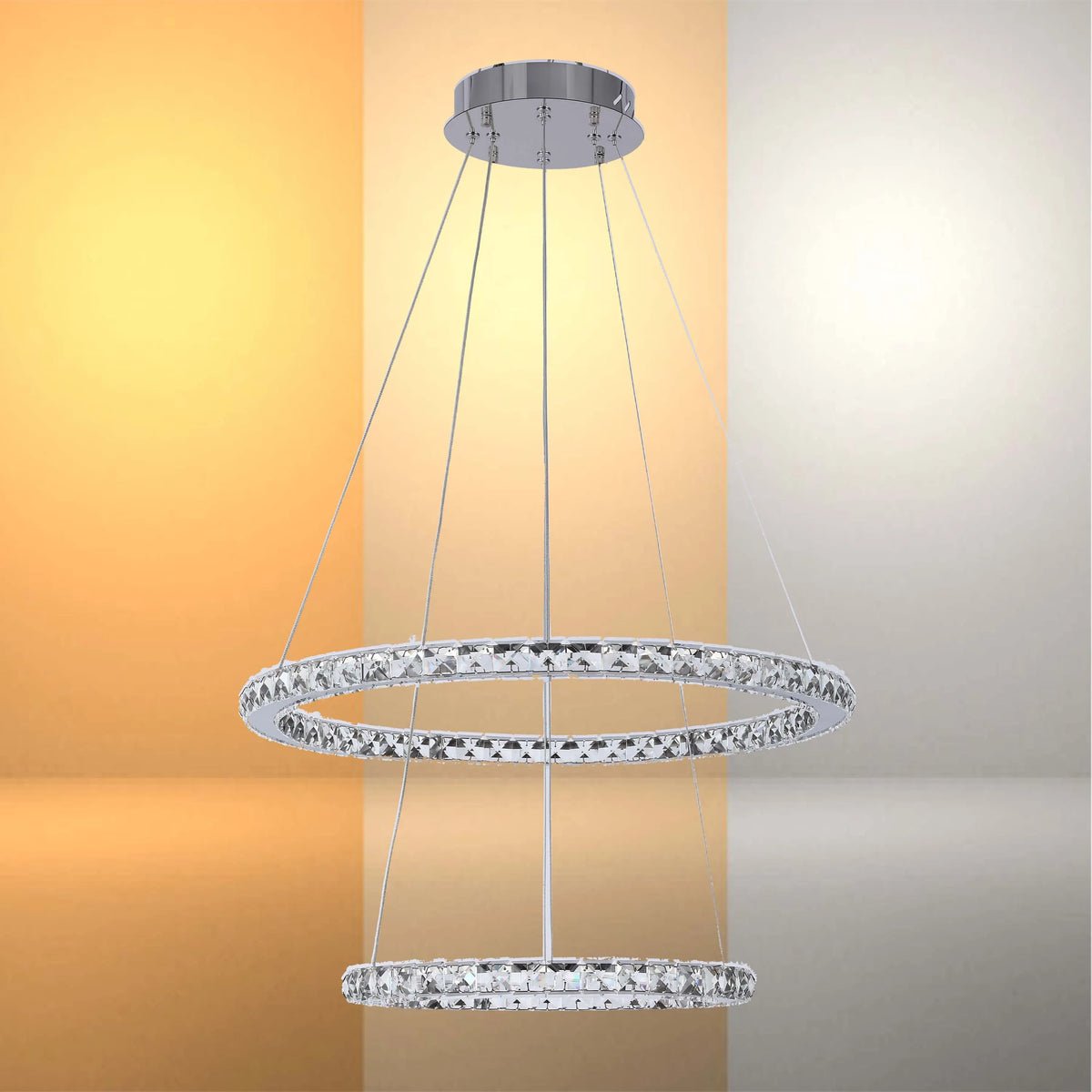 A stunning two-tiered crystal chandelier with chrome finish. Perfect for adding a touch of glamour to any room.