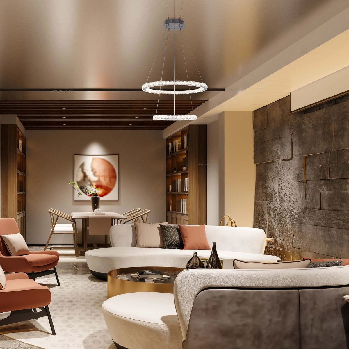 A modern living room featuring a stylish two-tier crystal ring chandelier and recessed ceiling lighting, creating a warm ambiance.