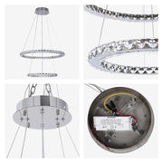 A modern two-tier crystal ring chandelier, featuring circular designs suspended from a polished chrome ceiling mount.