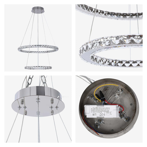 A modern two-tier crystal ring chandelier, featuring circular designs suspended from a polished chrome ceiling mount.