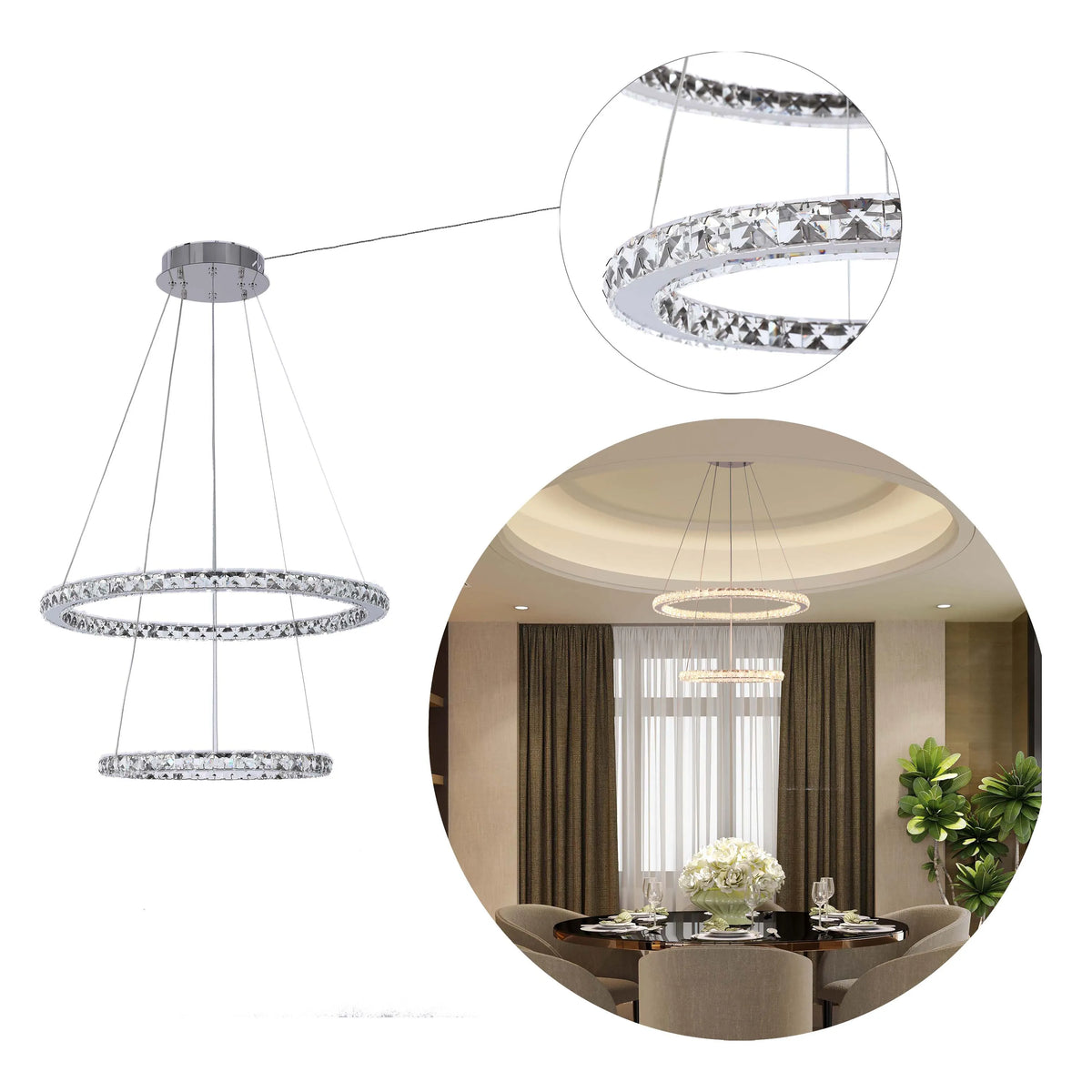 A modern LED crystal chandelier, comprised of polished chrome and crystal rings, hangs over a dining table.