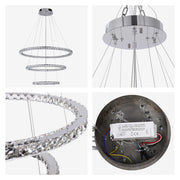 Three-ring crystal chandelier with chrome finish. Modern & luxurious lighting.