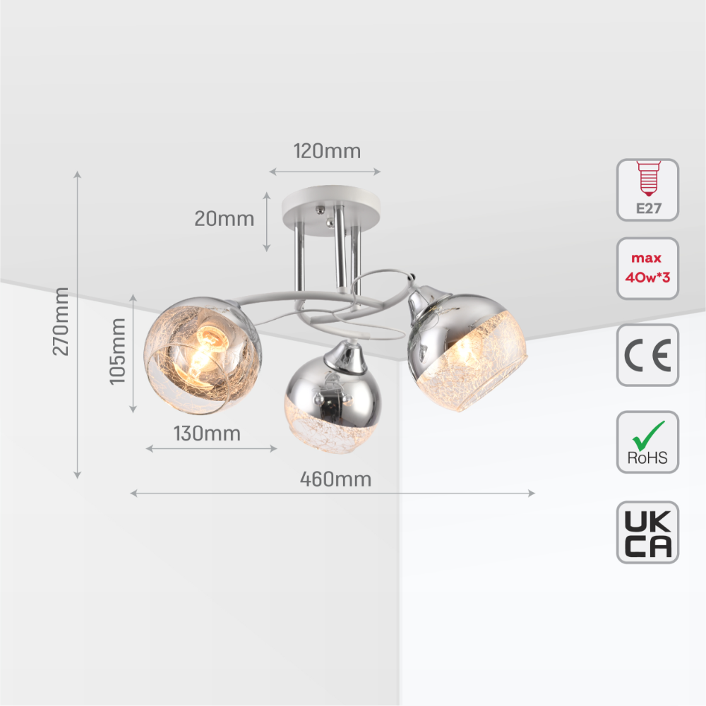 Chrome Metal Partial Mirror Cone Glass Ceiling Light E27 12