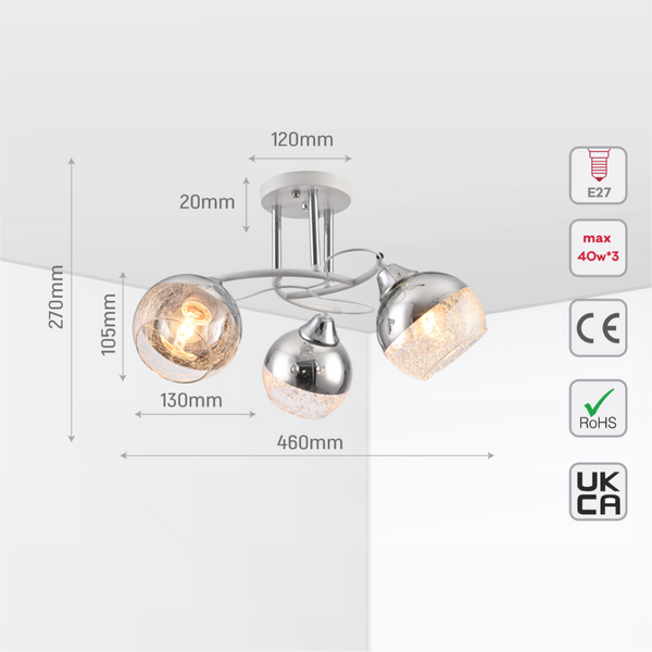 Chrome Metal Partial Mirror Cone Glass Ceiling Light E27 12
