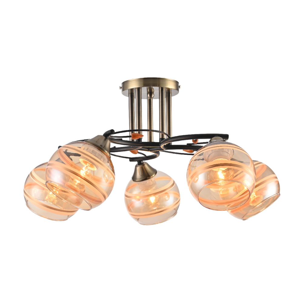 Metal Partial Cone Glass Ceiling Light amber and black 5 lamps