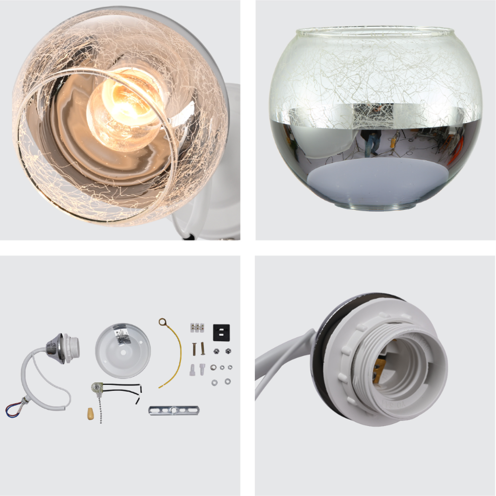 Close shots of white option of Black-Chrome | White Metal Partial Mirror Cone Glass Wall Light E27 Pull Down Switch