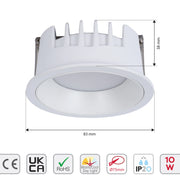 White LED downlight, 83mm diameter and 38mm depth, with CE, UKCA, RoHS, IP20 and Warm/Cool Day Light ratings. 10W bulb.