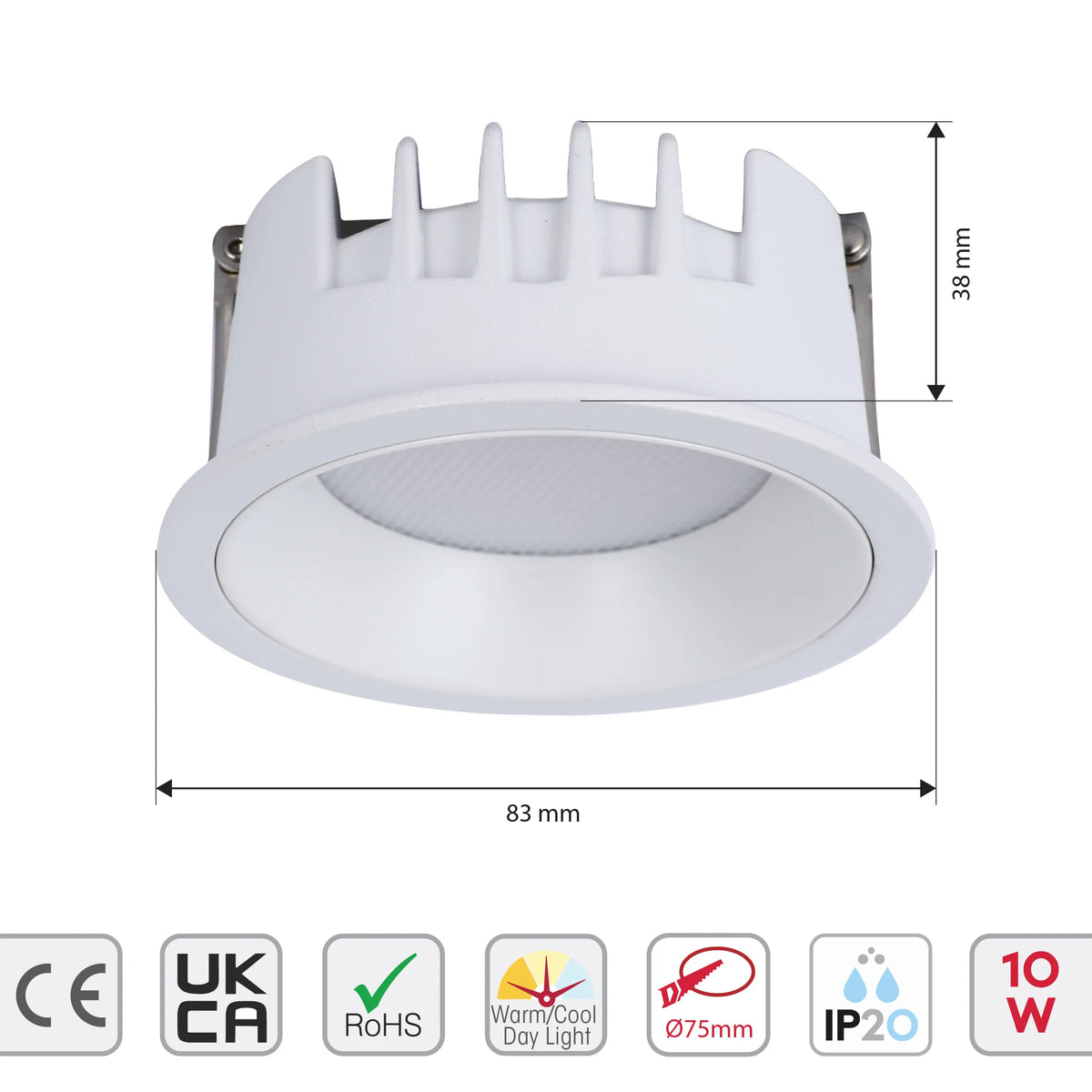 White LED downlight, 83mm diameter and 38mm depth, with CE, UKCA, RoHS, IP20 and Warm/Cool Day Light ratings. 10W bulb.