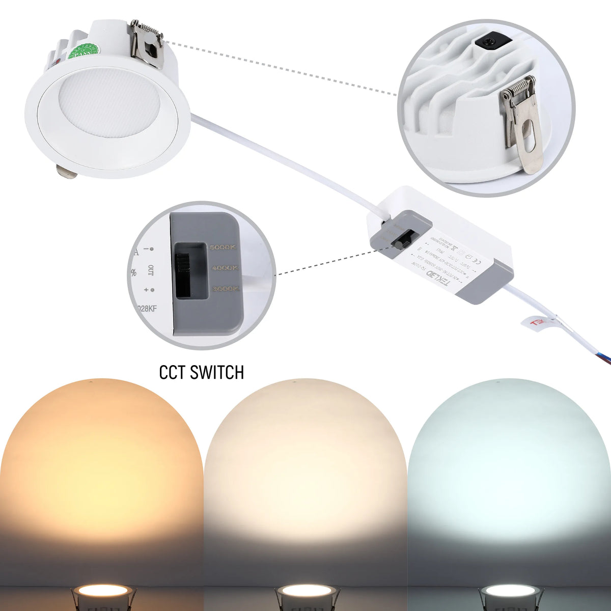 LED downlight with adjustable colour temperature. It shows light outputs of 3000K, 4000K and 5000K.
