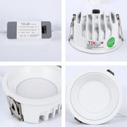 Close-up of a Tekled YQ-D10W LED downlight with its power adapter and quality control sticker indicating it passed inspection in 2024.