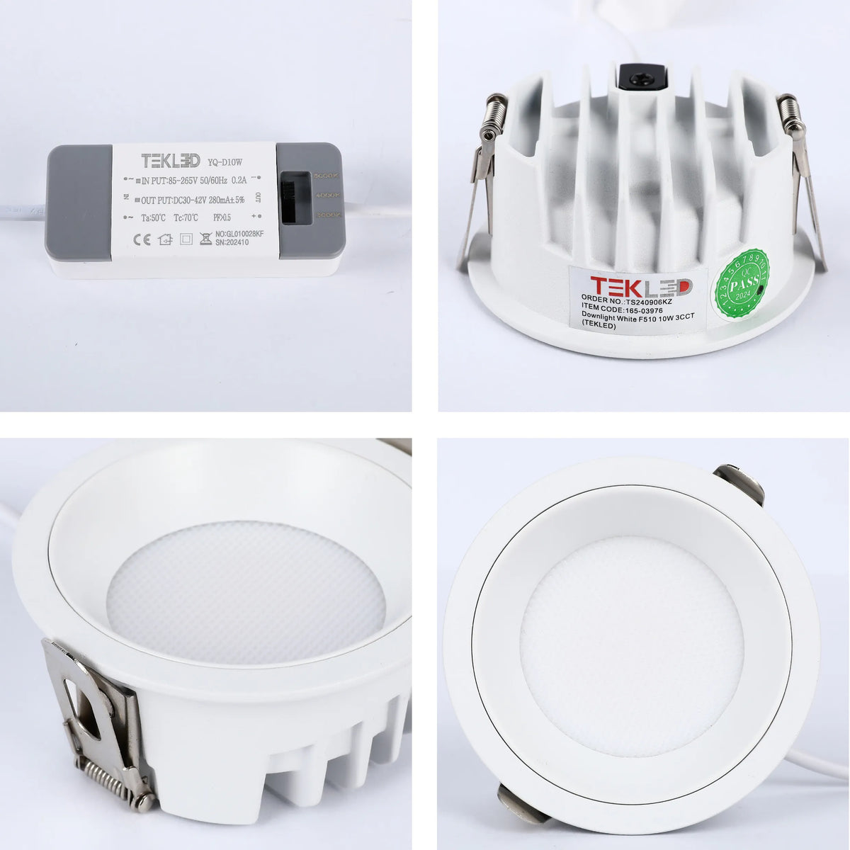Close-up of a Tekled YQ-D10W LED downlight with its power adapter and quality control sticker indicating it passed inspection in 2024.