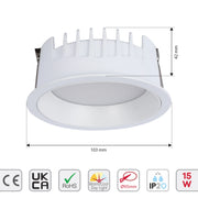 Recessed LED downlight with 103mm diameter, 42mm depth, 15W power, IP20 rating, and adjustable warm/cool day light.