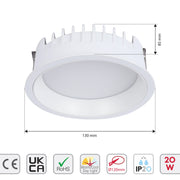 A recessed LED ceiling light is displayed with dimensions of 85mm, 130mm, and a 120mm cut out. The light is also rated IP20 and 20W.