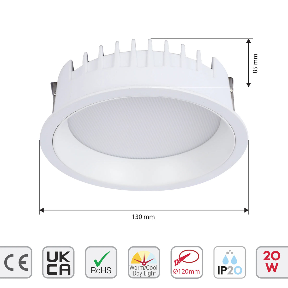 A recessed LED ceiling light is displayed with dimensions of 85mm, 130mm, and a 120mm cut out. The light is also rated IP20 and 20W.