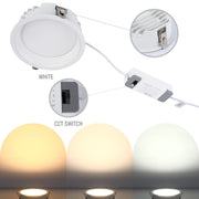 A white LED downlight with a switch to adjust colour temperature, showing three different colour settings.