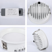 A recessed ceiling light fixture. The light features a white finish, spring clips for installation and adjustable colour temperature.