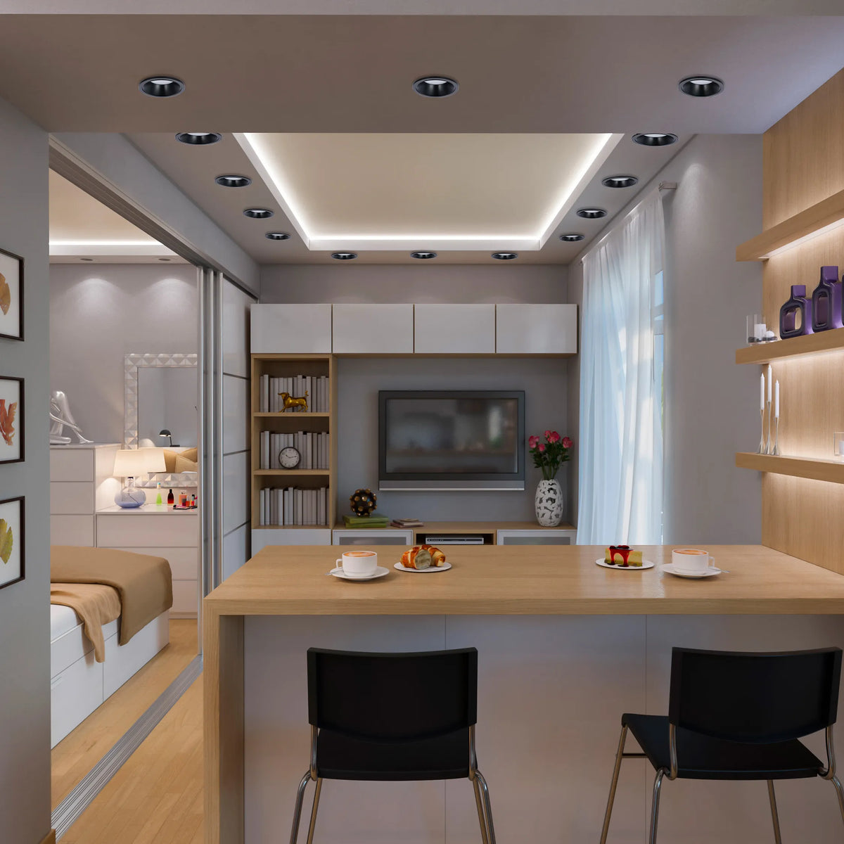 Contemporary lighting design featuring recessed spotlights and strip lights, creating a bright and inviting atmosphere.