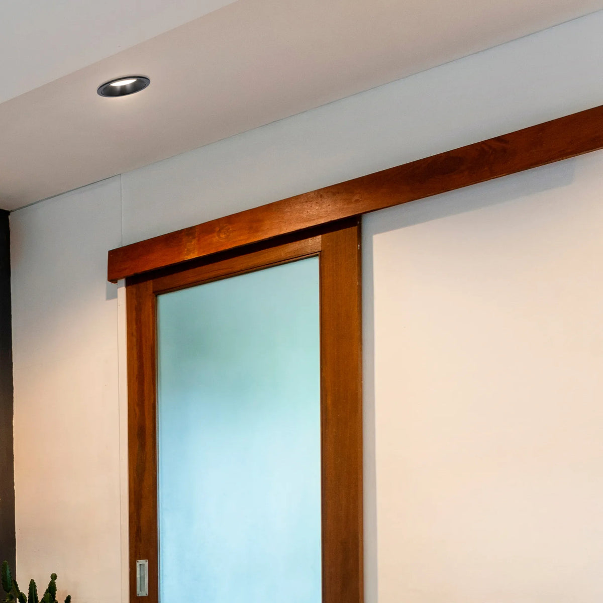 A recessed downlight provides illumination in a room with a sliding wooden door, offering a modern, sleek lighting solution.