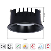 A black downlight is displayed. It features dimensions 83mm and 38mm, with a 10W power rating. Ideal for warm/cool lighting with IP20 rating.