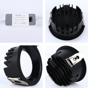 A black LED downlight with a heat sink design and colour temperature selector, accompanied by its power supply.