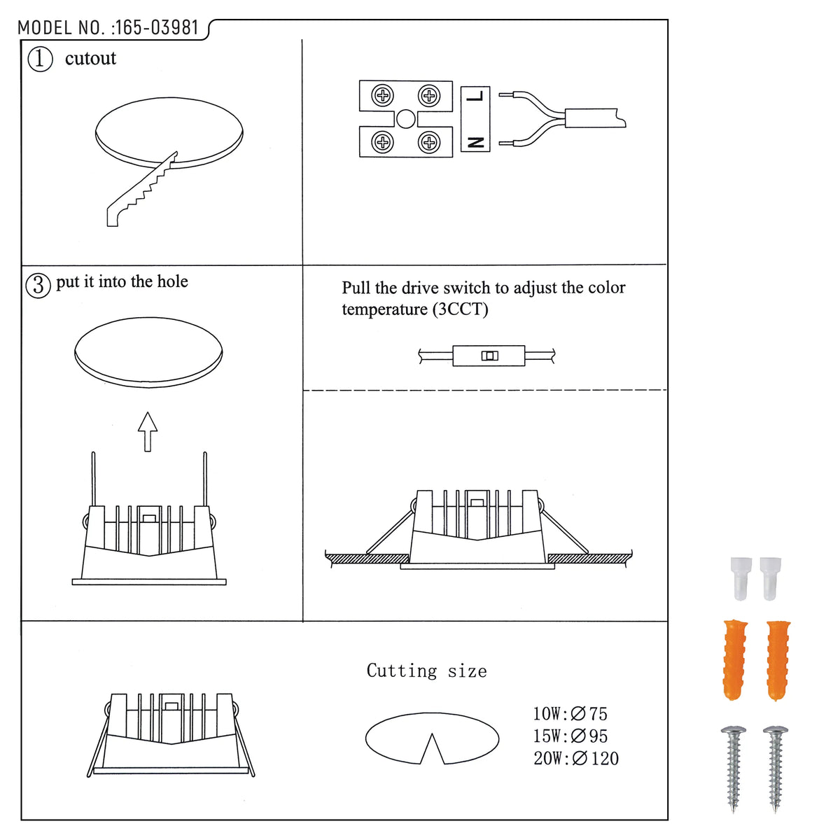 An illustration of recessed downlights with diagrams showing how to install, adjust the colour temperature and the dimensions.