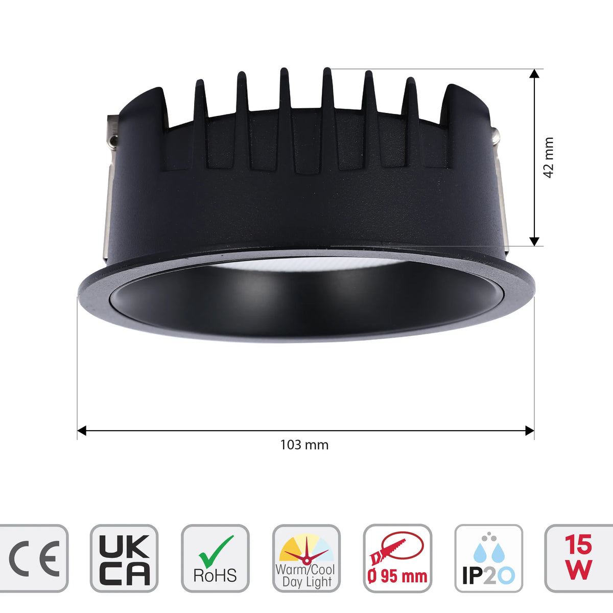 A recessed black downlight is displayed, with measurements indicating 103mm diameter and 42mm height. The light also has CE, UKCA, and RoHS certification.