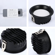Recessed black LED downlight with spring clip, heat sink, and dimmable driver. A modern lighting solution.