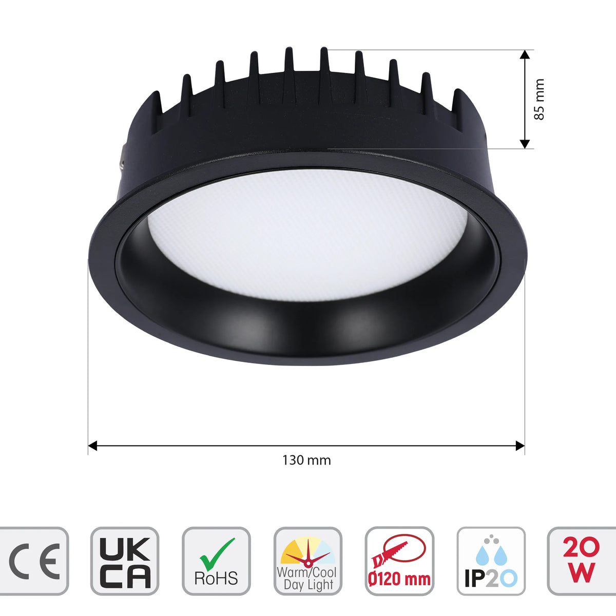 A recessed black downlight, dimensions marked: 130mm diameter, 85mm height. Includes CE, RoHS, IP20 and 20W certifications.