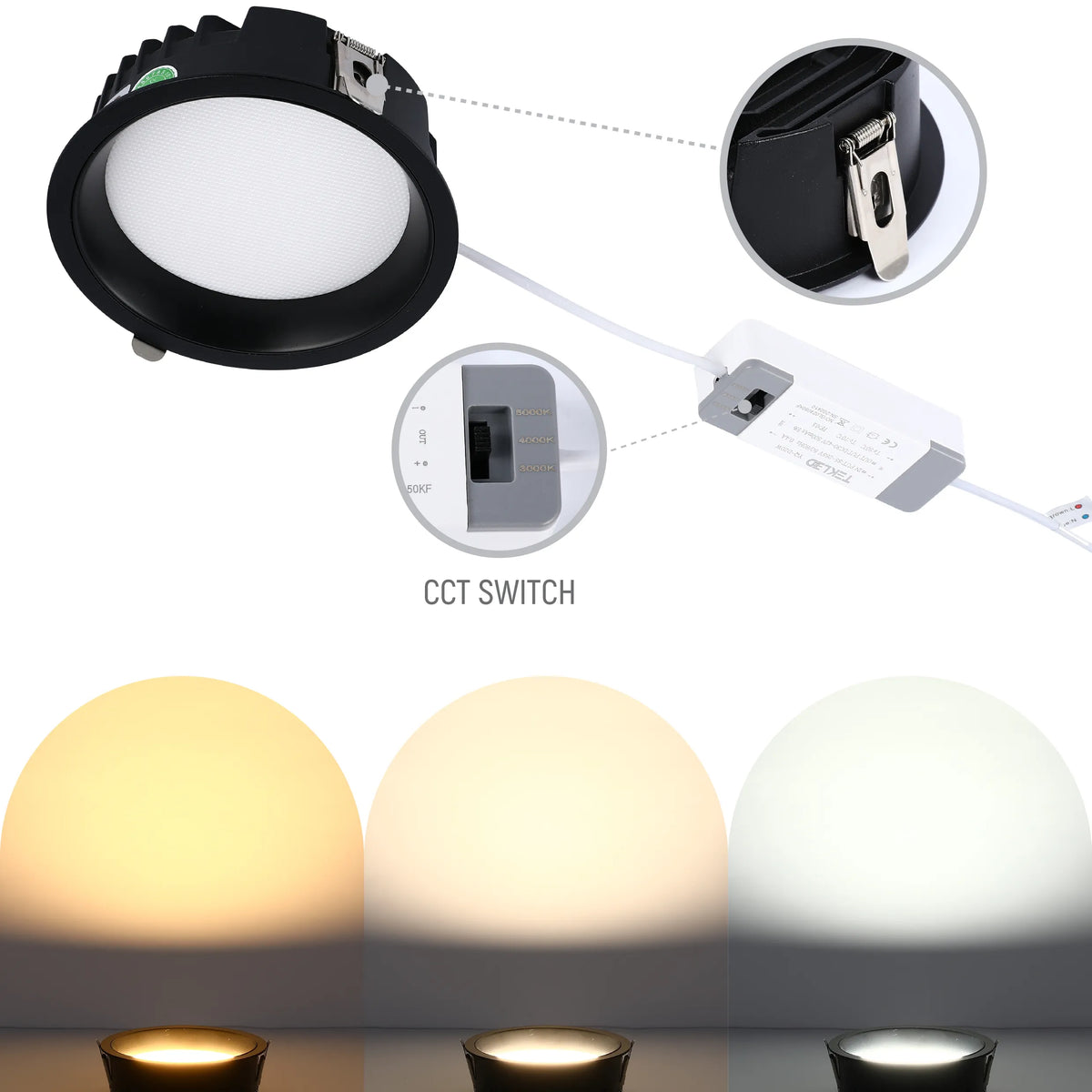 A recessed downlight with a CCT switch showing warm, neutral and cool white light options.