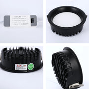 LED downlight with adjustable colour temperature, accompanied by its driver. Black finish, modern design.