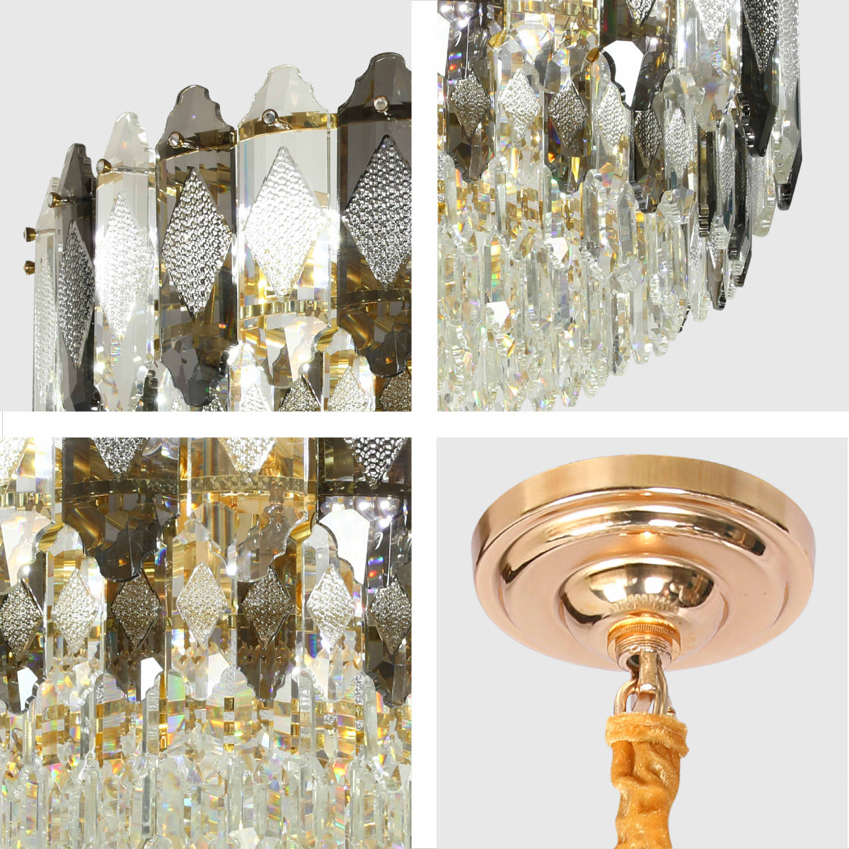 Close shots of Deluxe Smoky Clear Crystal Modern Chandelier Light Gold | TEKLED