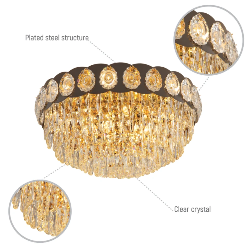 Close up shots of  Luxury Clear Crystal Flush Modern Ceiling Chandelier Light Gold | TEKLED 159-18009