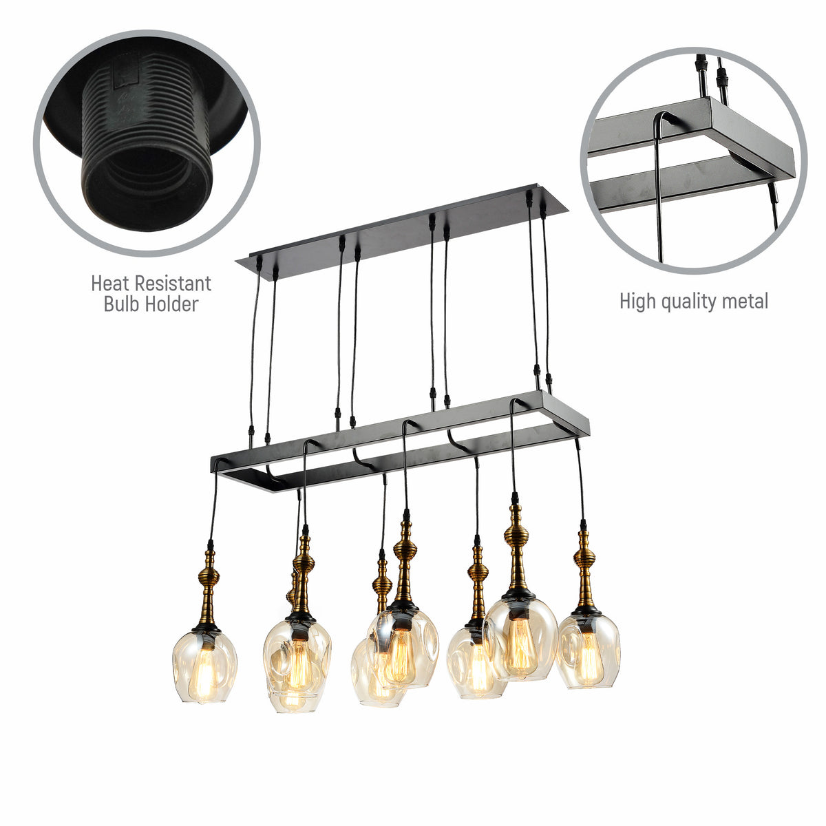 Close up shots of Amber Cone Glass Black Metal Island Chandelier with 8xE27 Fitting | TEKLED 158-19582