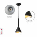 A sleek, matte black pendant light hangs from a simple ceiling rose, showcasing its modern, minimalist design and warm light.