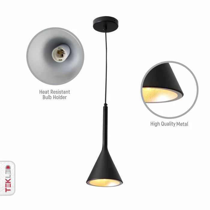 A sleek, matte black pendant light hangs from a simple ceiling rose, showcasing its modern, minimalist design and warm light.