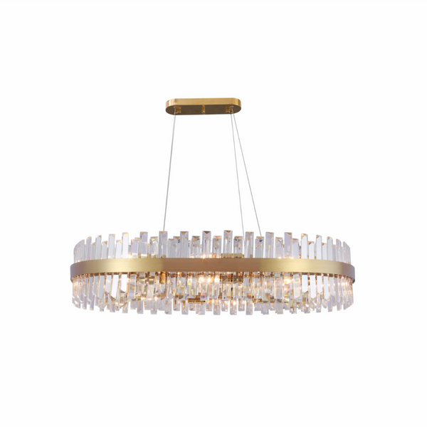 A glamorous, gold and crystal chandelier with a modern circular design. A statement piece for any room.