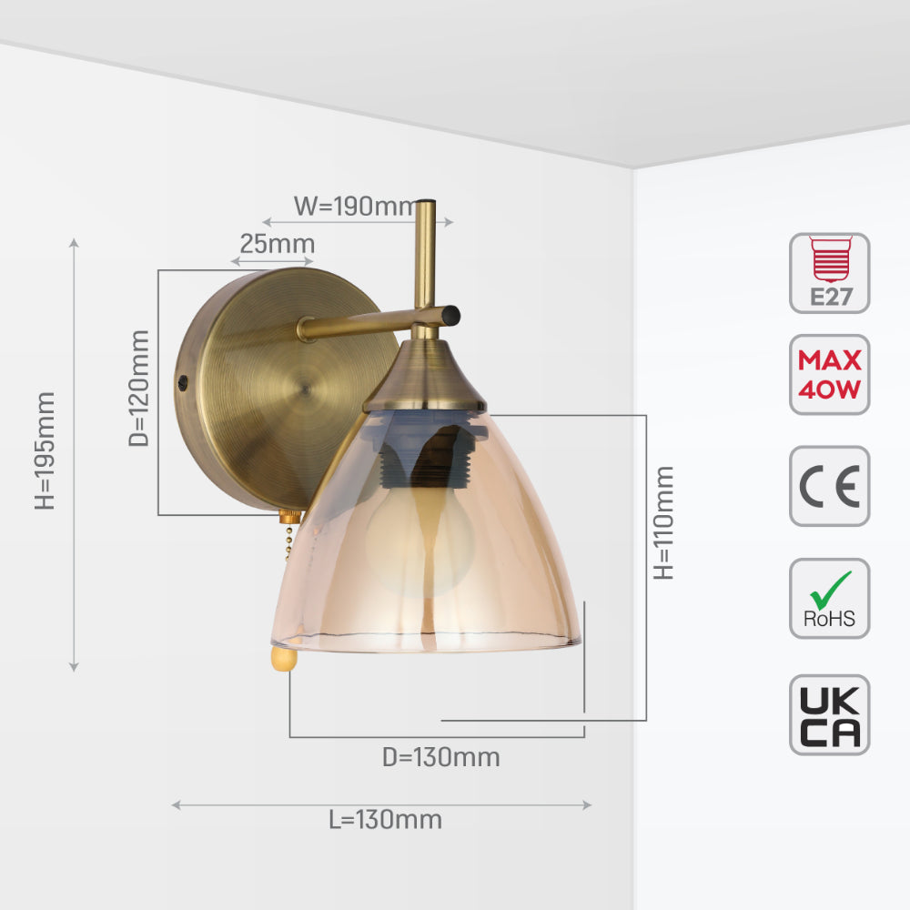 Modern Cone Glass Wall Light E27 with Pull Down Switch 6