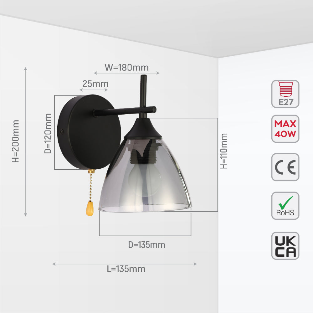 Modern Cone Glass Wall Light E27 with Pull Down Switch 8