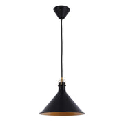 A modern pendant light with a black shade and gold interior, suspended from a black cable.