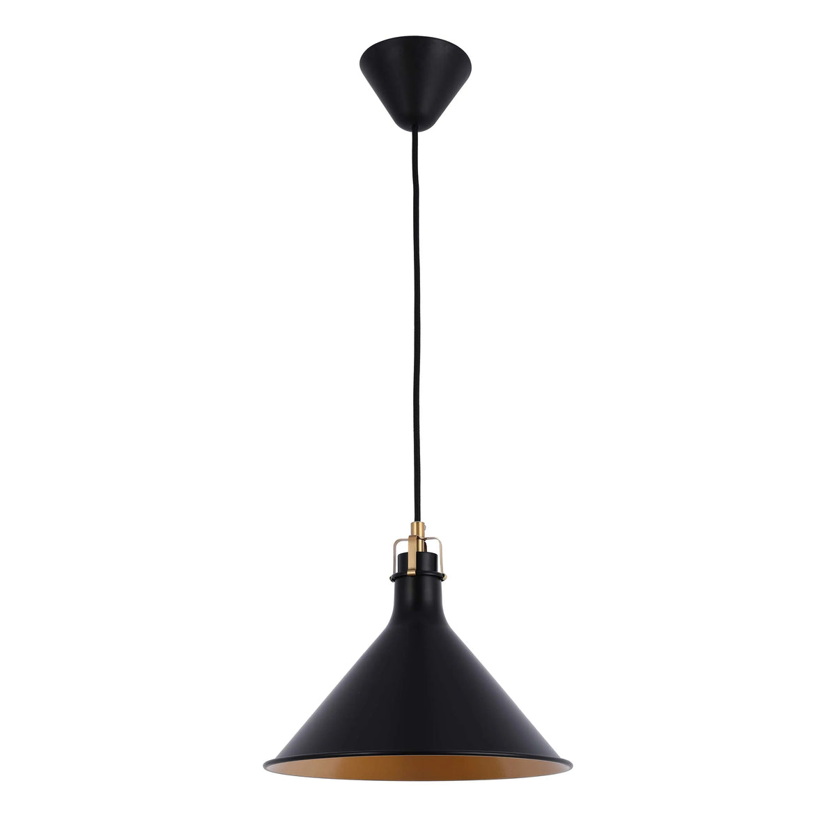 A modern pendant light with a black shade and gold interior, suspended from a black cable.