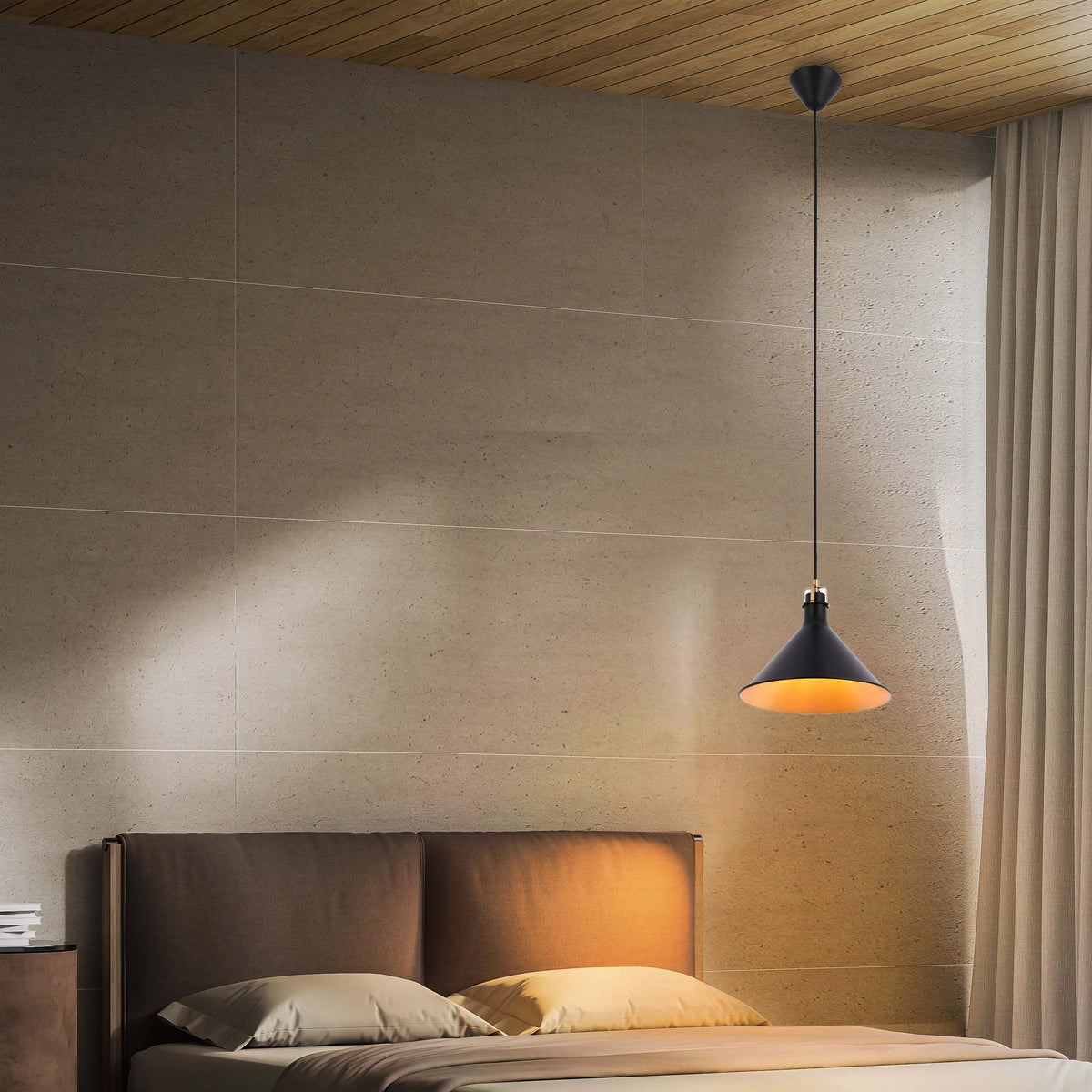 Contemporary bedroom lighting featuring a striking black pendant light with a warm, inviting glow.