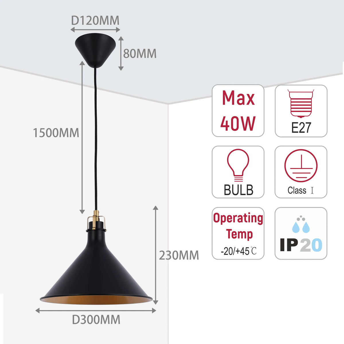 Black and gold pendant light with dimensions and specifications: D120MM, 80MM, 1500MM, D300MM, 230MM, Max 40W, E27, Bulb, Class I, Operating Temp -20/+45°C, IP20.