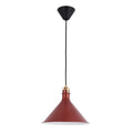 A copper pendant light with a black ceiling rose, suspended on a black cable.