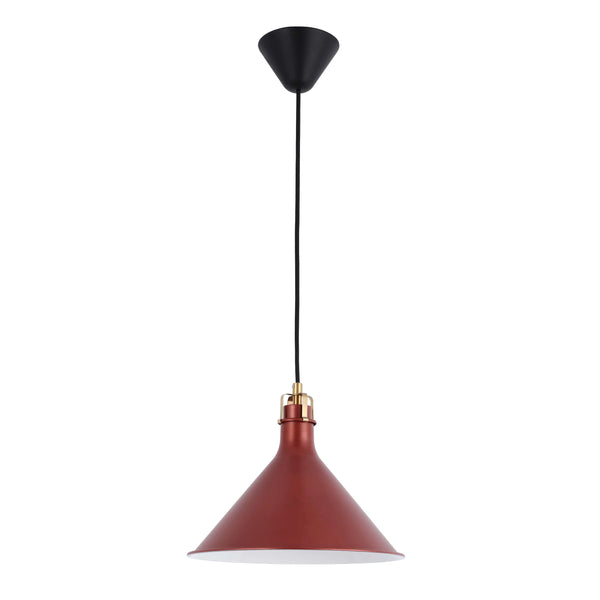 A copper pendant light with a black ceiling rose, suspended on a black cable.