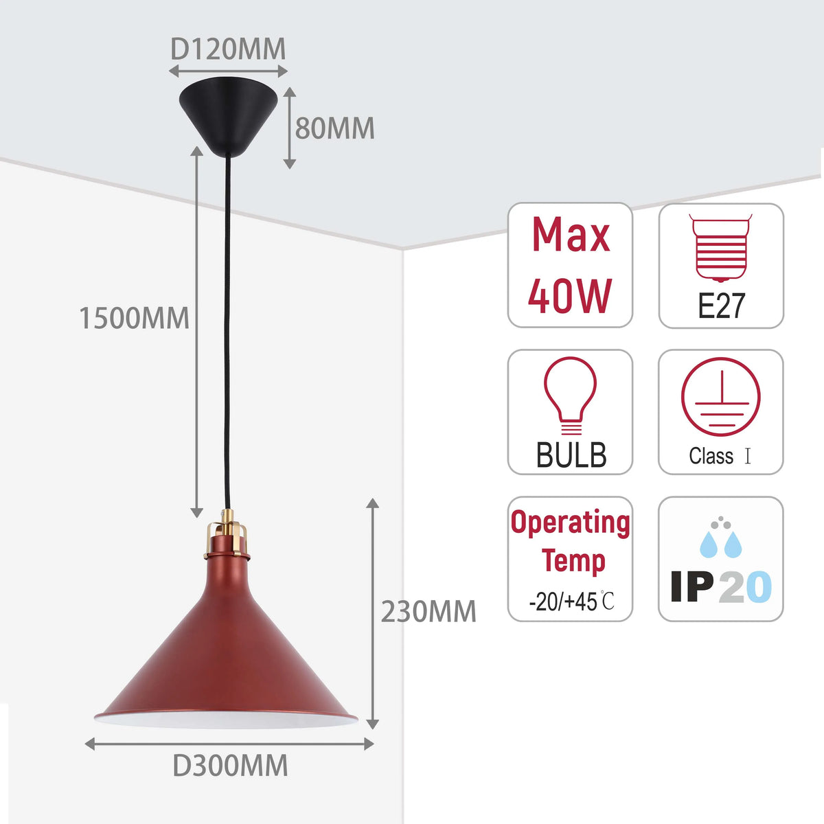 Diagram of a red pendant light, suspended from the ceiling. Includes measurements and technical specifications.