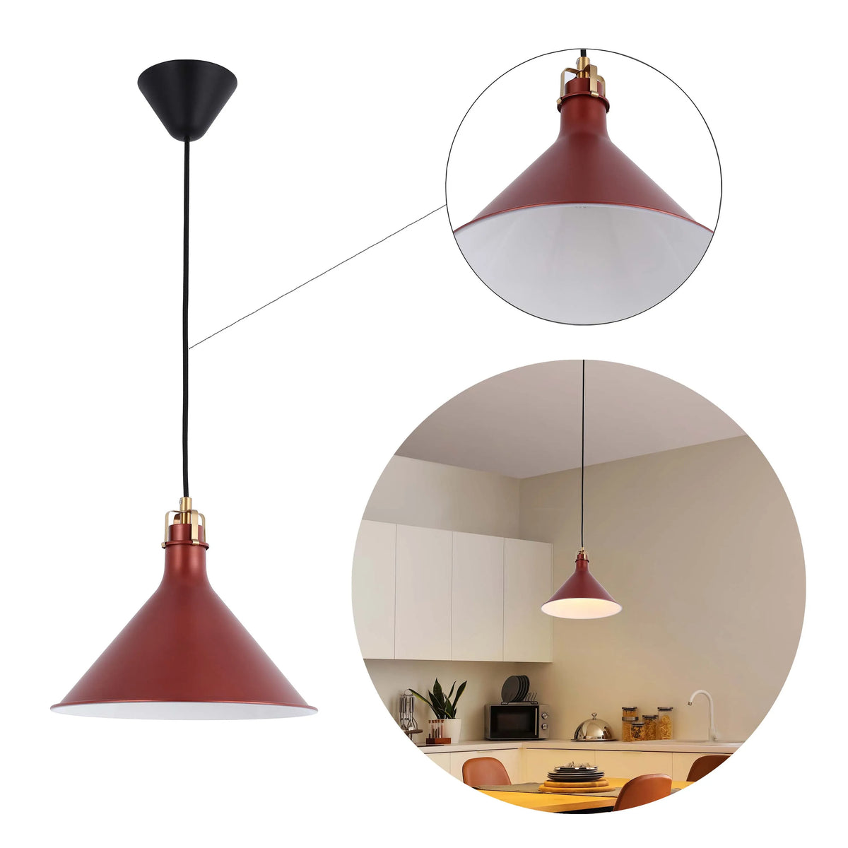 A modern pendant light with a dark exterior, bright interior, and a brass fixture hangs in a warm, stylish kitchen.